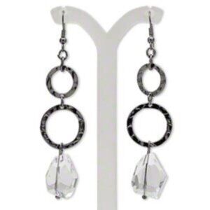 Baroque Artisan Gunmetal Hammered Circles and Clear Lucite Dangle Earrings